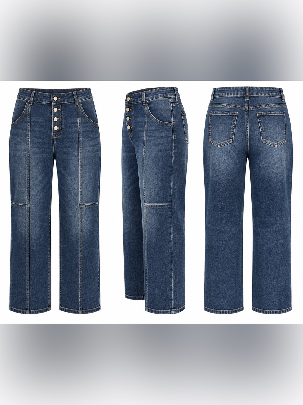 3XL Dark Wash Button Fly Stretch Jeans High Rise Front Seam Wide Leg